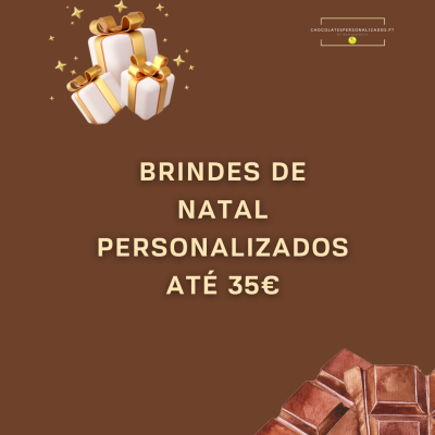 Caixas de presente com fita dourada e barra de chocolate com texto promocional de brindes de Natal