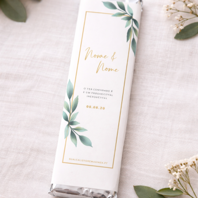 Chocolate com embalagem branca decorada com folhas verdes e texto dourado