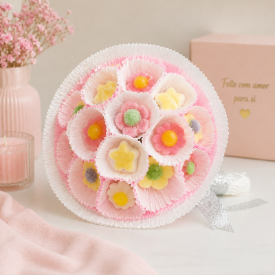 Bouquet de doces florais coloridos em forminhas rosa e brancas com laço prateado