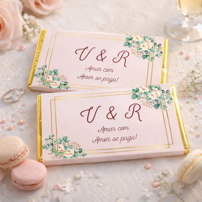 Barra de chocolate rosa com flores e texto decorativo ao lado de macarons e um anel.