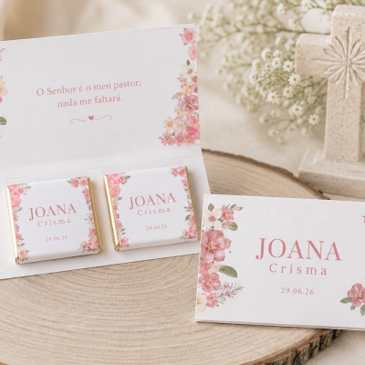 Conjunto decorativo para Crisma com barras de chocolate, cartão floral e cruz de pedra.