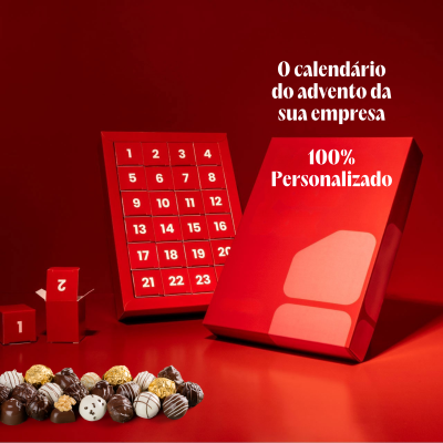 Calendários do advento vermelhos com bombons variados à frente e texto branco sobre fundo vermelho