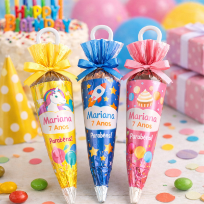 Três pirulitos coloridos com etiquetas de aniversário e fundo de festa com bolo e balões