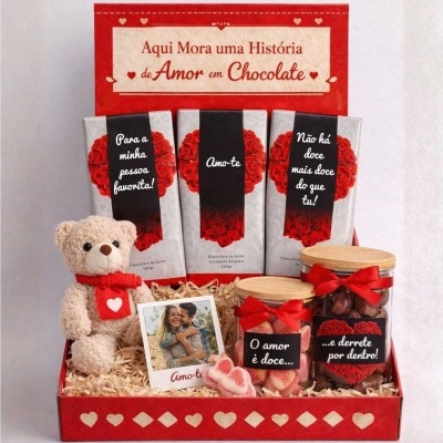 Caixa de presente com chocolates, frascos decorativos, urso de peluche e mensagem de amor em português