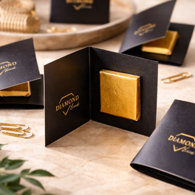 Chocolate envolto em papel dourado numa embalagem preta com texto DIAMOND Look