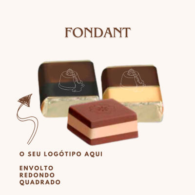 Bombons Fondant em três variedades com embalagem metálica e texto promocional.