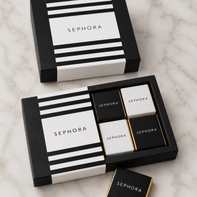 Caixa de presente Sephora com quatro pequenos embrulhos preto e branco sobre superfície de mármore.