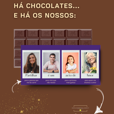 Barra de chocolate personalizada com fotos de pessoas e textos em fundo castanho