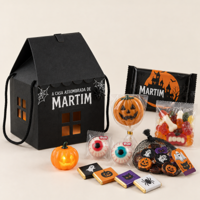 Kit de Halloween com embalagem de casa preta e vários doces temáticos