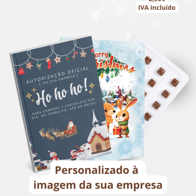 Caixa de chocolates personalizada com ilustrações natalícias e texto em português.