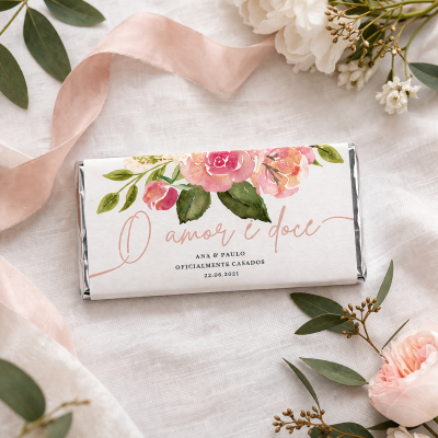Barra de chocolate embrulhada com embalagem decorativa floral e texto em português
