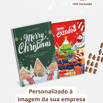 Calendários de advento Nestlé Extrafino 2023, com chocolates natalícios e texto promocional em português.