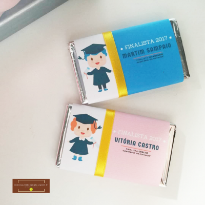 Chocolates com etiquetas azuis e rosas para finalistas de 2017.