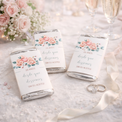 Três barras de chocolate com aviso de 26 anos de casamento, flores rosas e anéis ao lado