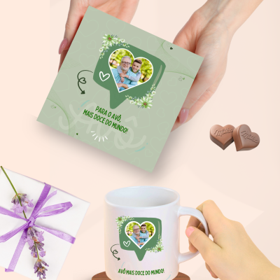 Caneca e caixa com design verde, texto dedicado ao avô, chocolates Milka e envelope com laço roxo