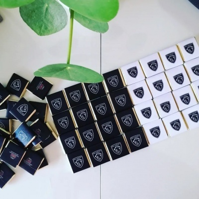 Empresas | As Napolitanas da Peugeot Portugal Mini caixas de chocolate preto e branco com símbolo e texto, sobre superfície branca com folhas verdes