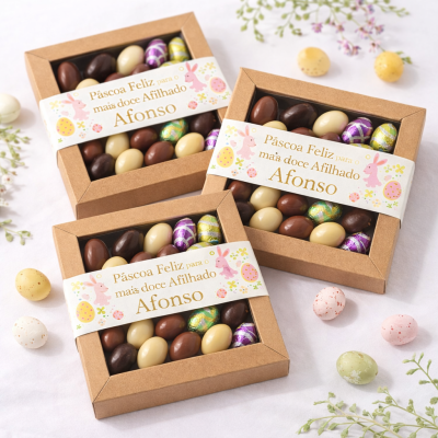 Caixas de chocolate para Páscoa com texto personalizado e ovos decorativos