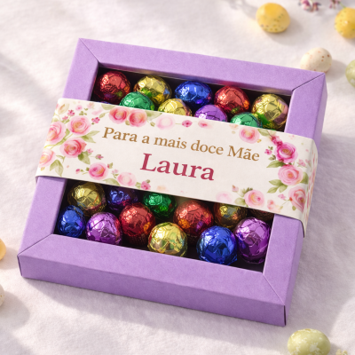 Caixa roxa com bombons coloridos e faixa decorativa personalizada para mãe Laura.