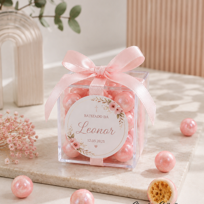 Caixa transparente com balas rosa peroladas e laço rosa para batizado
