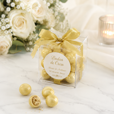 Lembranças para Bodas de Ouro em Chocolate: Ideias Personalizadas para Celebrar 50 Anos de Casamento Caixa transparente com bolas douradas decorada com fita e etiqueta bodas de ouro.