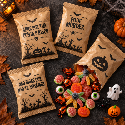 Pacotes estilo Halloween com doces variados coloridos e elementos decorativos temáticos