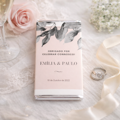 Chocolate personalizado rosa claro com folhas cinzentas e texto em preto