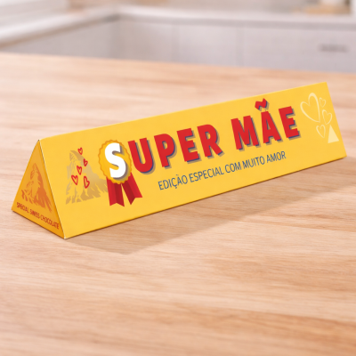 Embalagem amarela triangular de chocolate com texto SUPER MÃE sobre superfície de madeira
