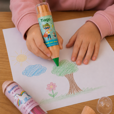 Lápis de cor gigante com etiquetas personalizadas numa mesa de madeira e desenho colorido numa folha.