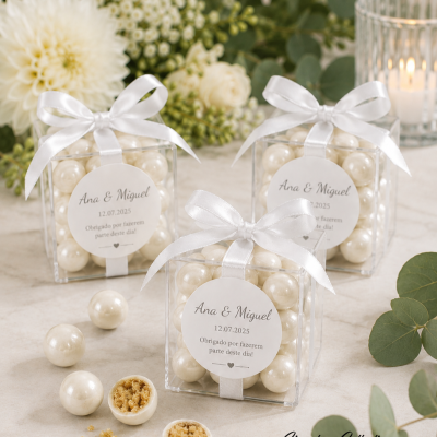 Caixas transparentes com bolas brancas e etiqueta personalizada em ambiente com flores e vela