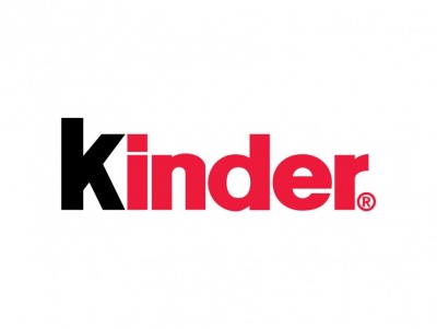 Logotipo da marca Kinder com letras pretas e vermelhas