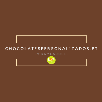 Logótipo de chocolates personalizados com texto em fundo castanho