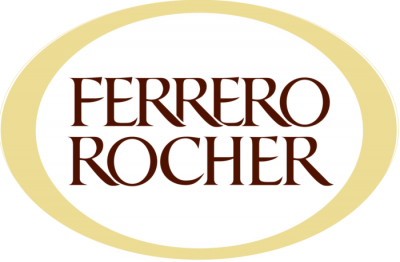 Logótipo Ferrero Rocher com letras castanhas num oval branco com contorno dourado.