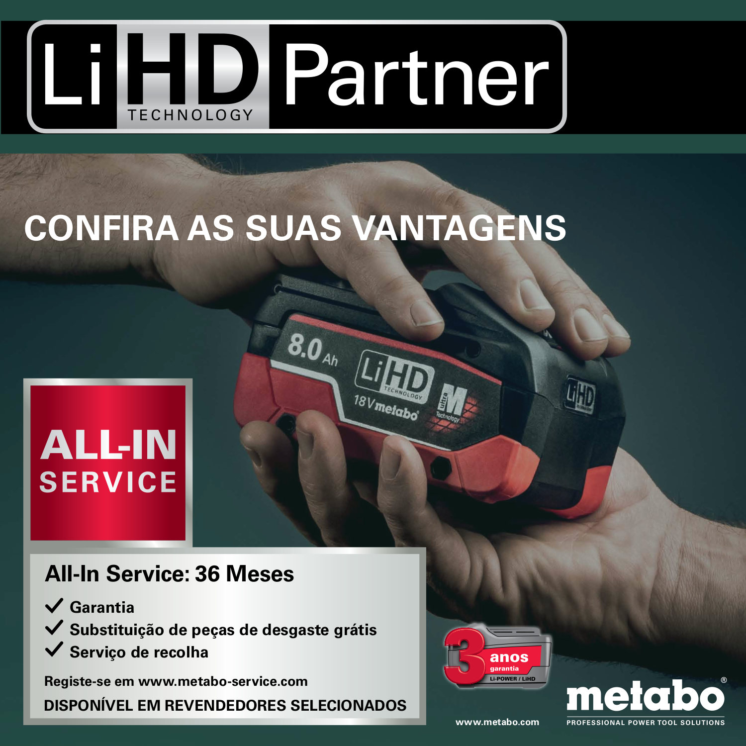 Bateria Metabo LiHD 8.0 Ah preta e vermelha com texto promocional em português