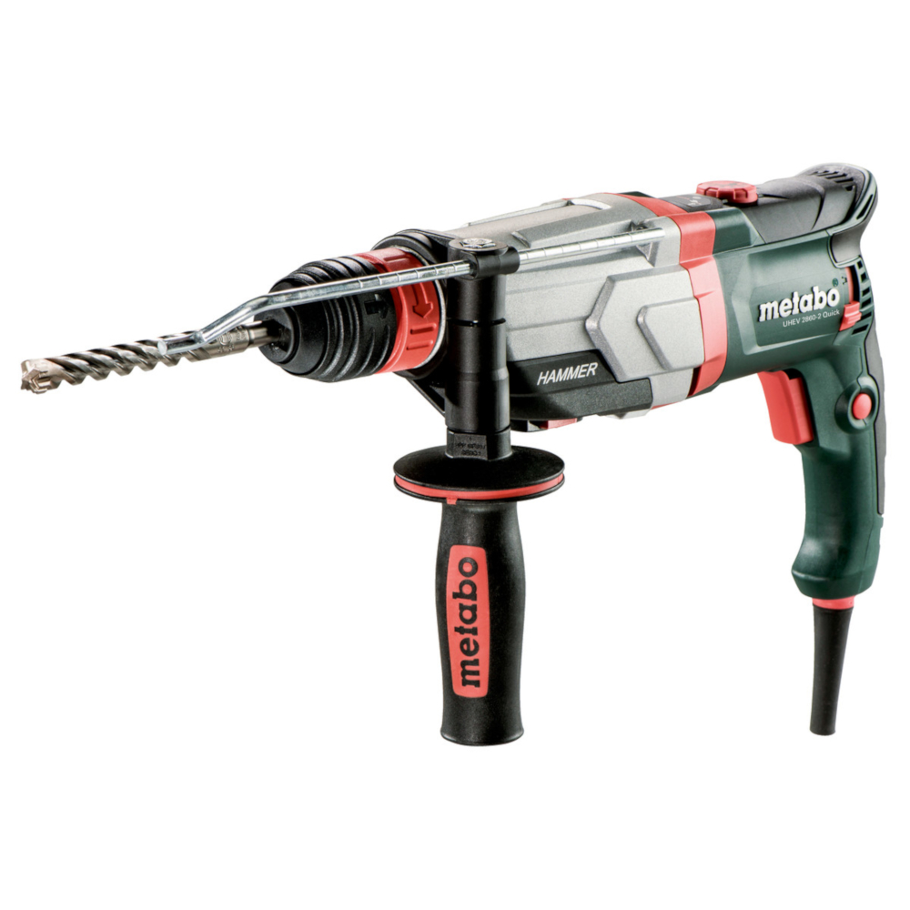 Martelo Combinado Electrónico Metabo UHEV 2860-2 Quick Furadeira elétrica Metabo com broca e punho lateral em fundo branco