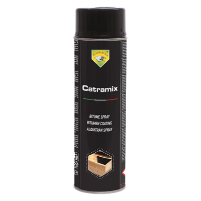 Spray de betume Catramix preto com tampa preta e rótulo multilingue