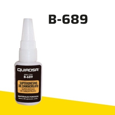 Frasco branco de cola super adesiva B-689 QUIADSA com rótulo preto e amarelo