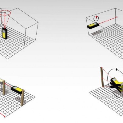 Diagramas técnicos mostrando posicionamento e movimento de objeto amarelo e preto em espaço tridimensional com postes de madeira