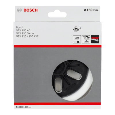 Embalagem Bosch para acessório de lixadeira de 150 mm com janela circular mostrando parte do produto.
