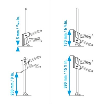 Desenho técnico de grampo com alavanca e medidas