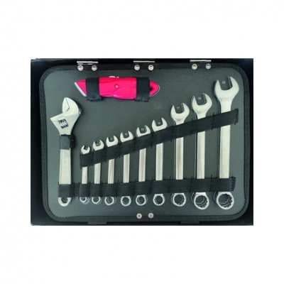 Conjunto de chaves de boca e chave inglesa ajustável num estojo preto