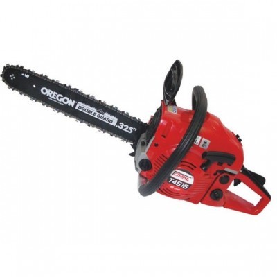 Motosserra vermelha com lâmina e corrente pretas com texto Oregon