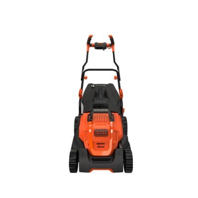 Corta-relvas elétrico BLACK+DECKER laranja e preto 1800W 42cm sobre fundo branco