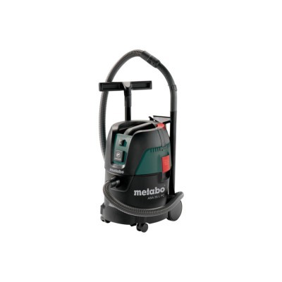Aspirador de pó Metabo ASA 25 L TC preto, verde e vermelho com tubo flexível e rodas.