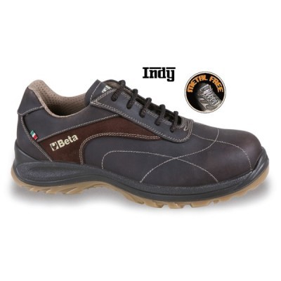 Tênis de segurança Beta Indy castanho com sola bege e etiqueta METAL FREE