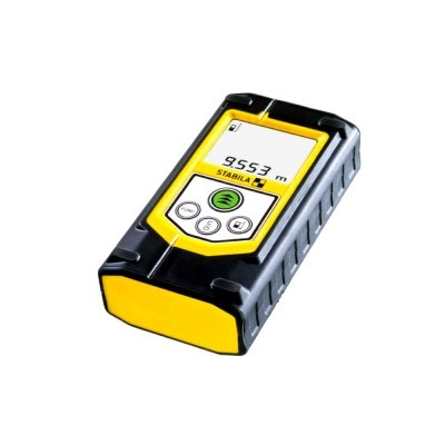 Aparelho de medição digital STABILA preto e amarelo com display e botões.