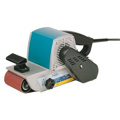 Lixadora de cinta elétrica azul e cinza com rolo de lixa vermelho