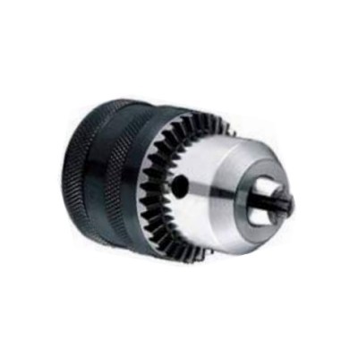 Mandril metálico prateado com parte preta canelada e dentes visíveis