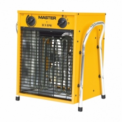 Aquecedor elétrico amarelo portátil com botões e grelha preta