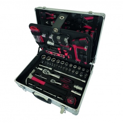 Conjunto de ferramentas em estojo metálico aberto com ferramentas de cor vermelha e preta