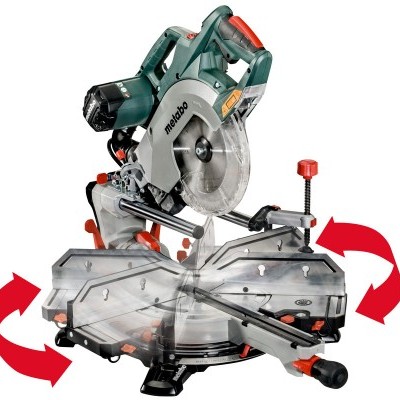 Serra de corte Metabo com base rotativa e ângulo ajustável em cores verde, cinza e vermelho